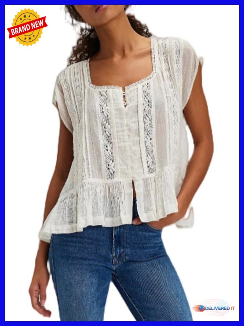 Lace Boho Tie Front Top Women Ruffle Flowy Eyelet Babydoll Blouse
